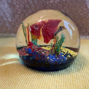 Resin paperweight with red & yellow floor,orange fish figure,see green grass.